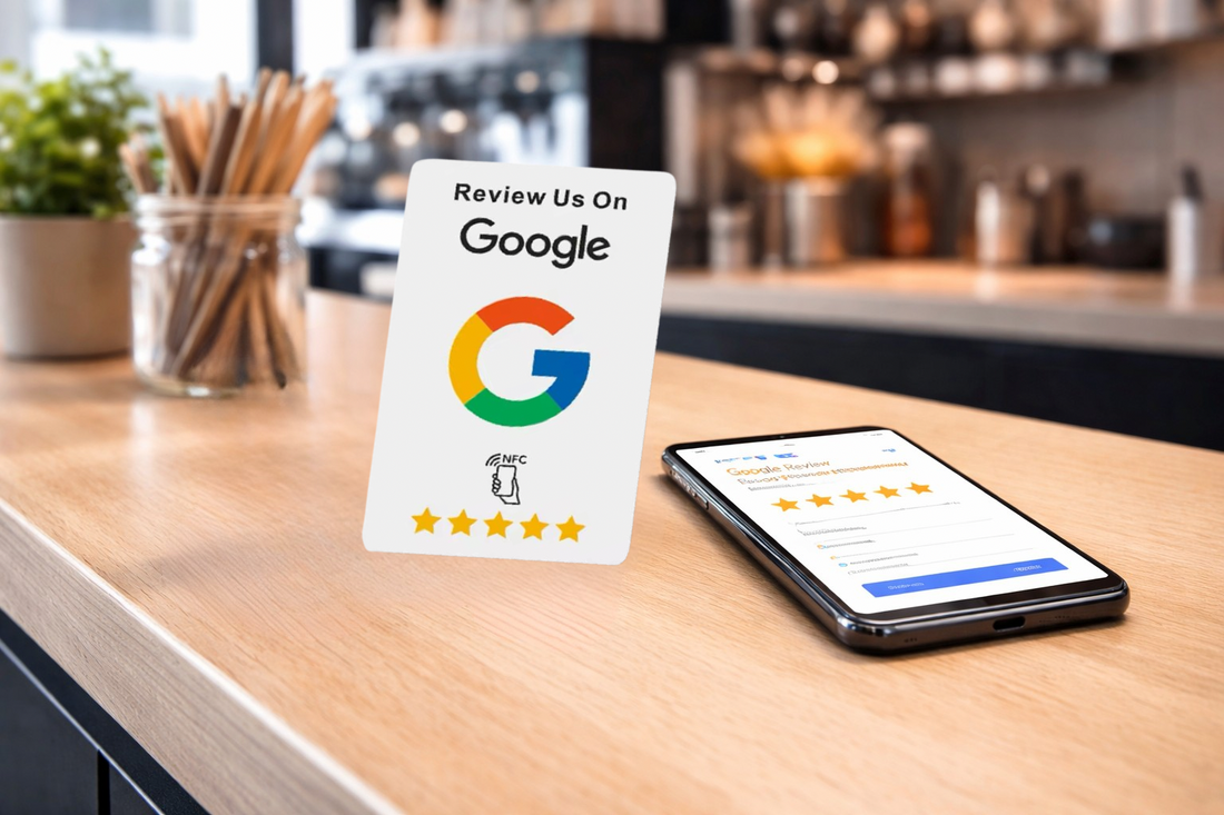 NFC review card allowing customers to leave Google reviews with one tap