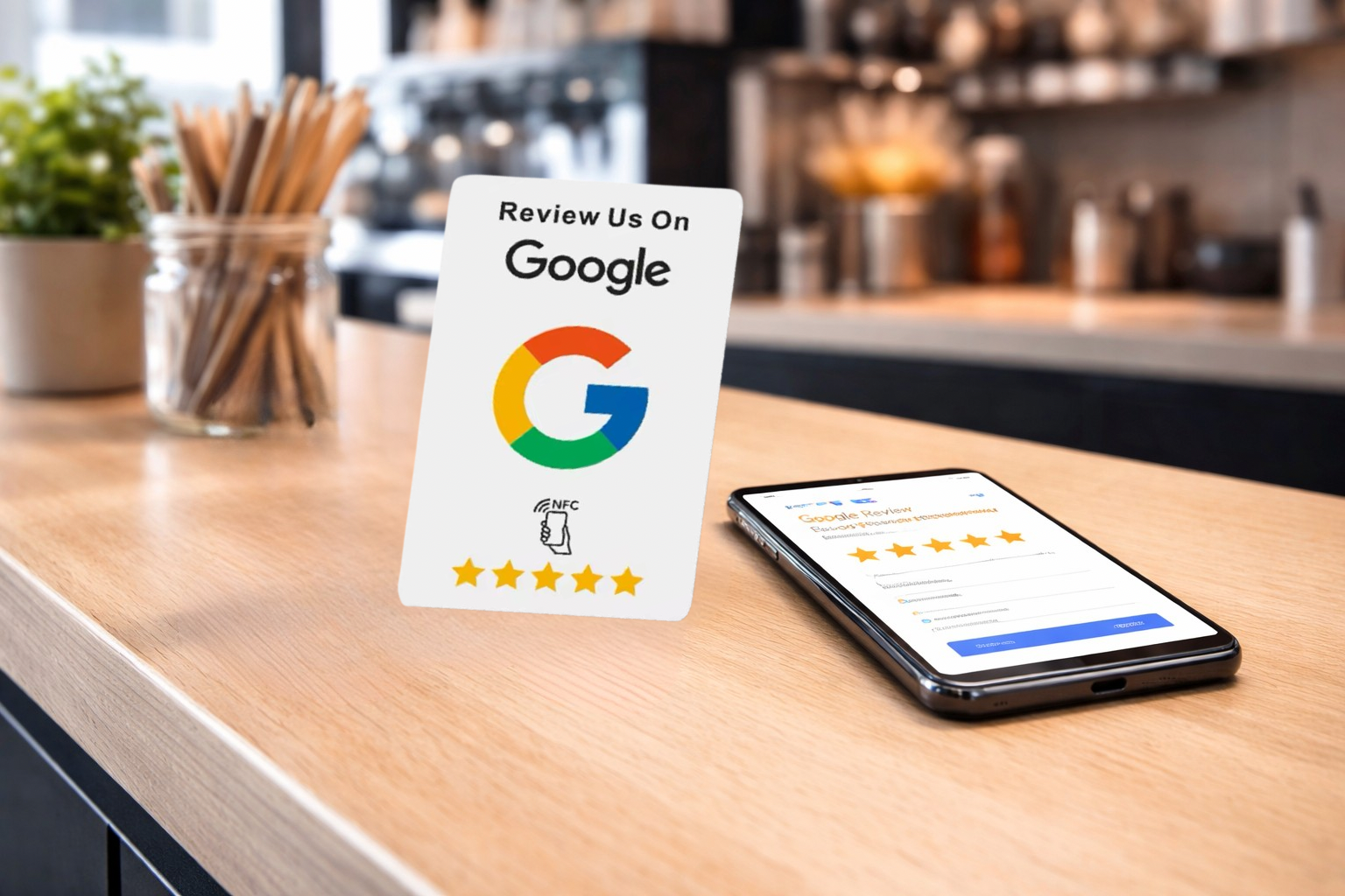 NFC review card allowing customers to leave Google reviews with one tap